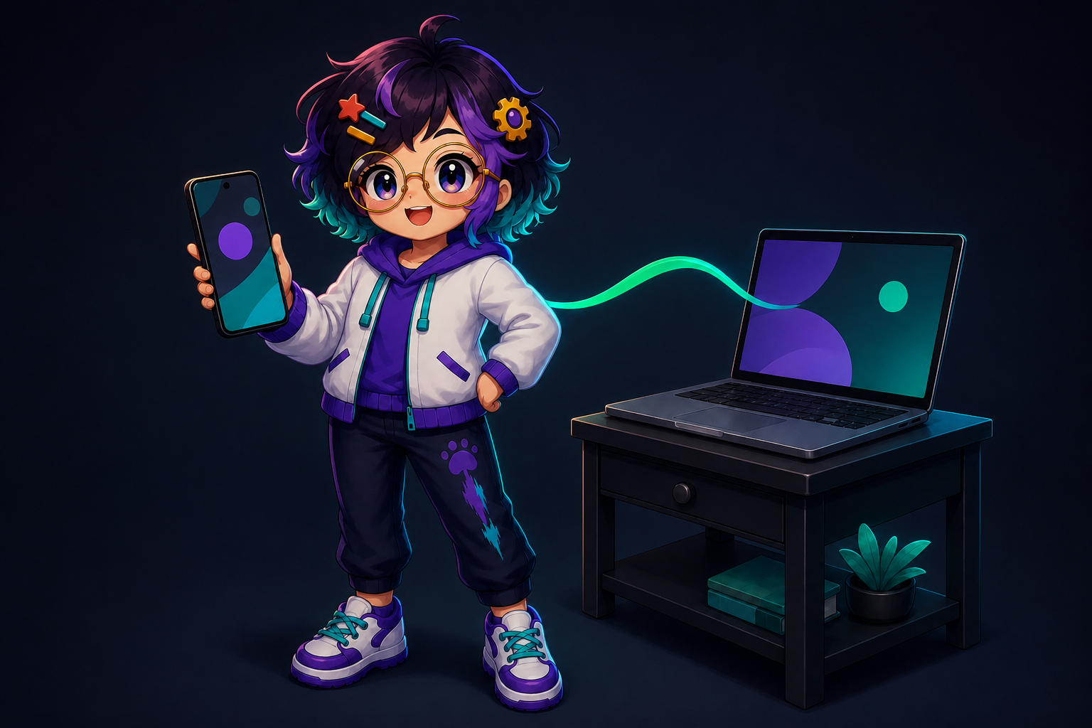 Miro standing between an Android phone held at chest height and an open Mac laptop on a desk
