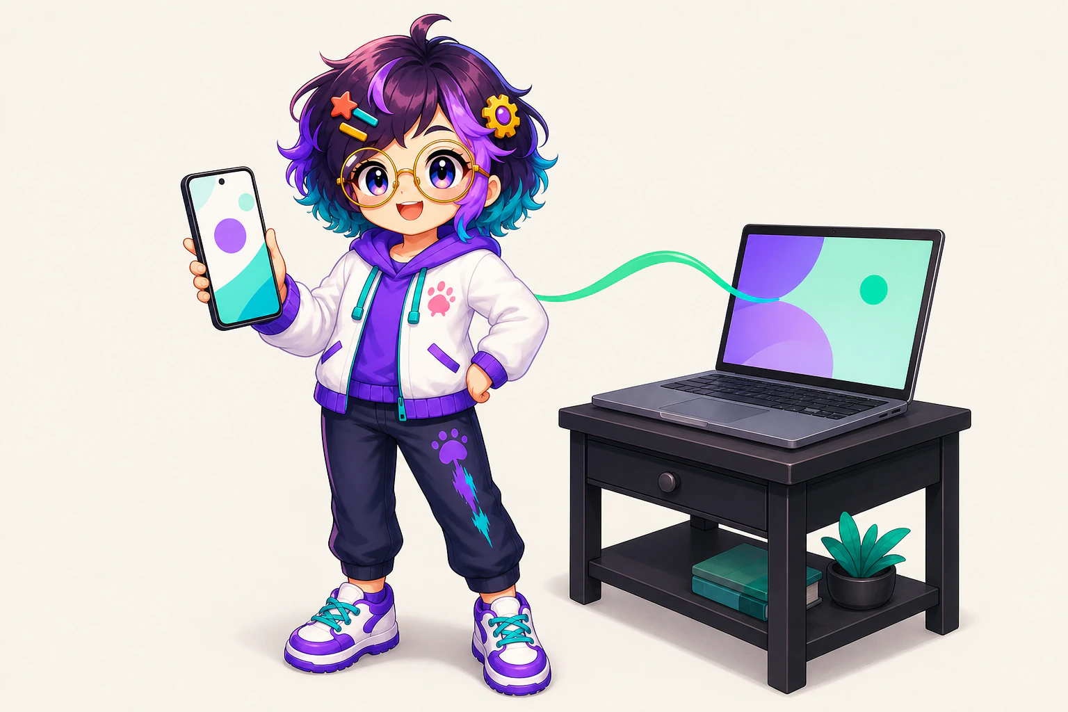 Miro standing between an Android phone held at chest height and an open Mac laptop on a desk