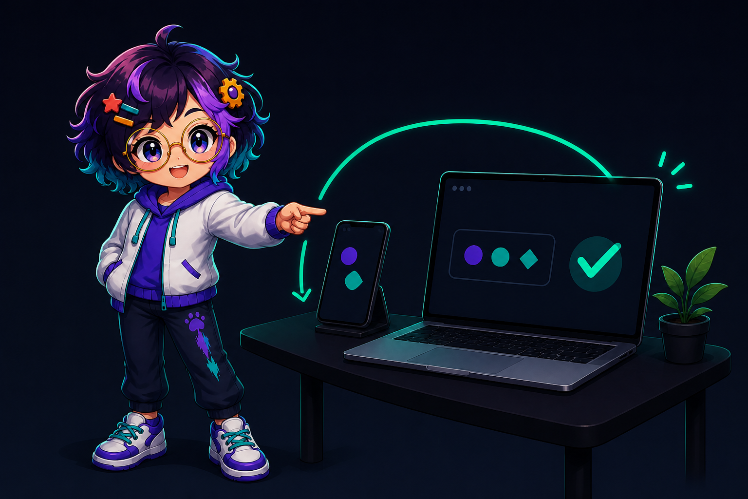 Miro pointing at a phone as a tick appears beside an action on an approved Mac