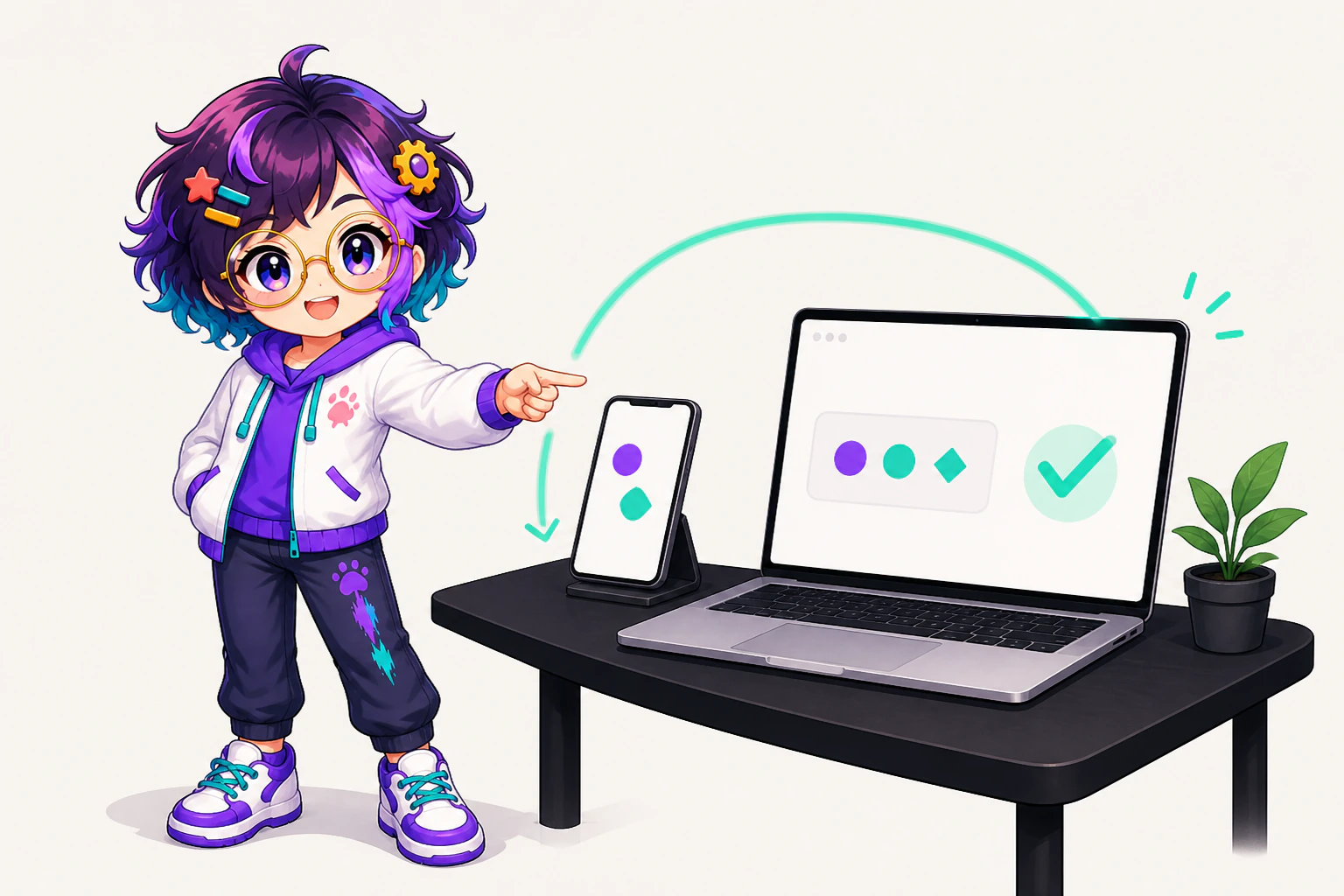 Miro pointing at a phone as a tick appears beside an action on an approved Mac