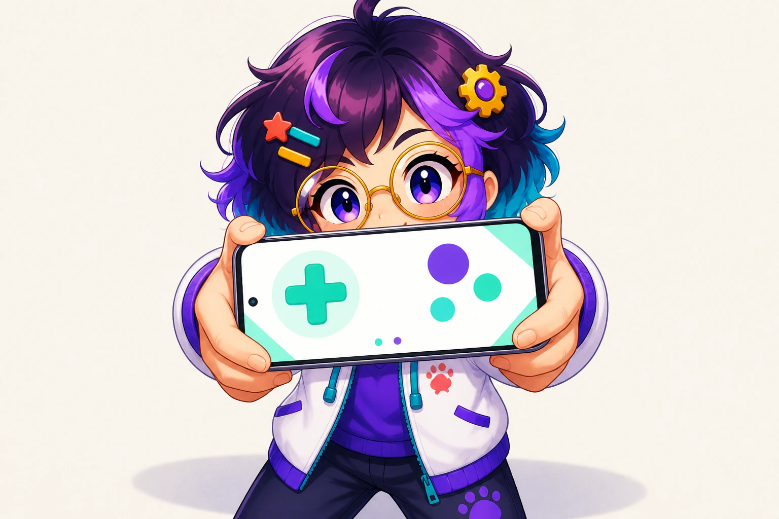Miro holding a phone out in front with the screen facing the reader and both hands on it