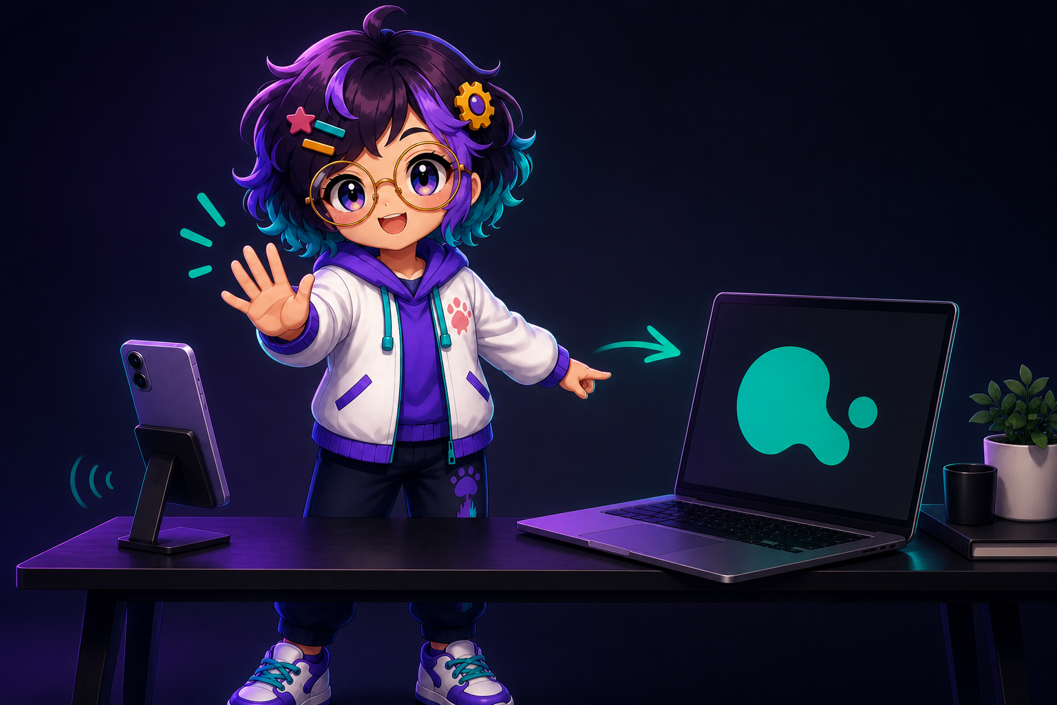Miro raising one hand beside a phone while a Mac sits undisturbed on the desk alongside