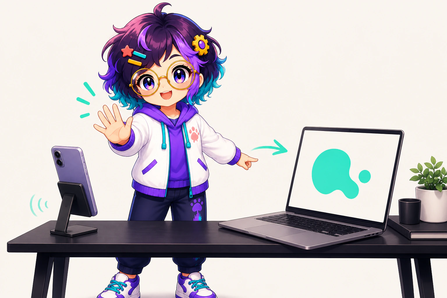 Miro raising one hand beside a phone while a Mac sits undisturbed on the desk alongside