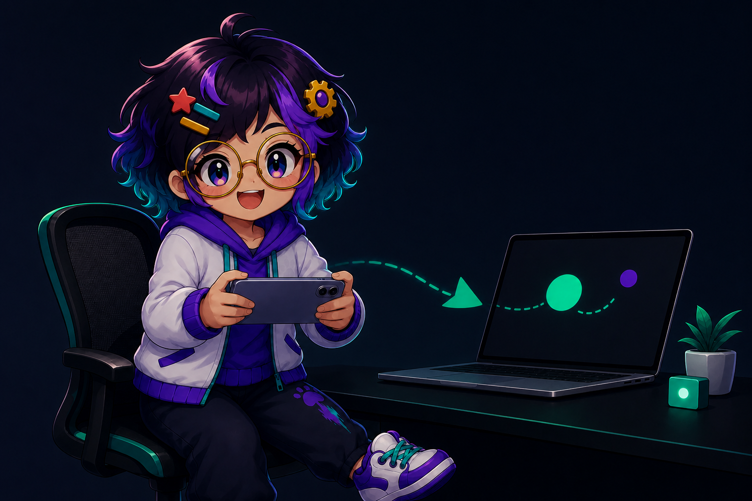 Miro holding a phone flat like a control pad while a Mac laptop sits open on the desk behind