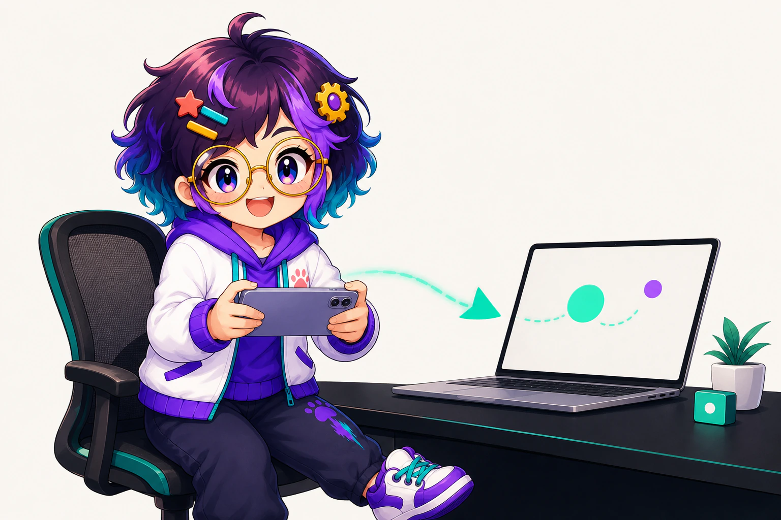 Miro holding a phone flat like a control pad while a Mac laptop sits open on the desk behind