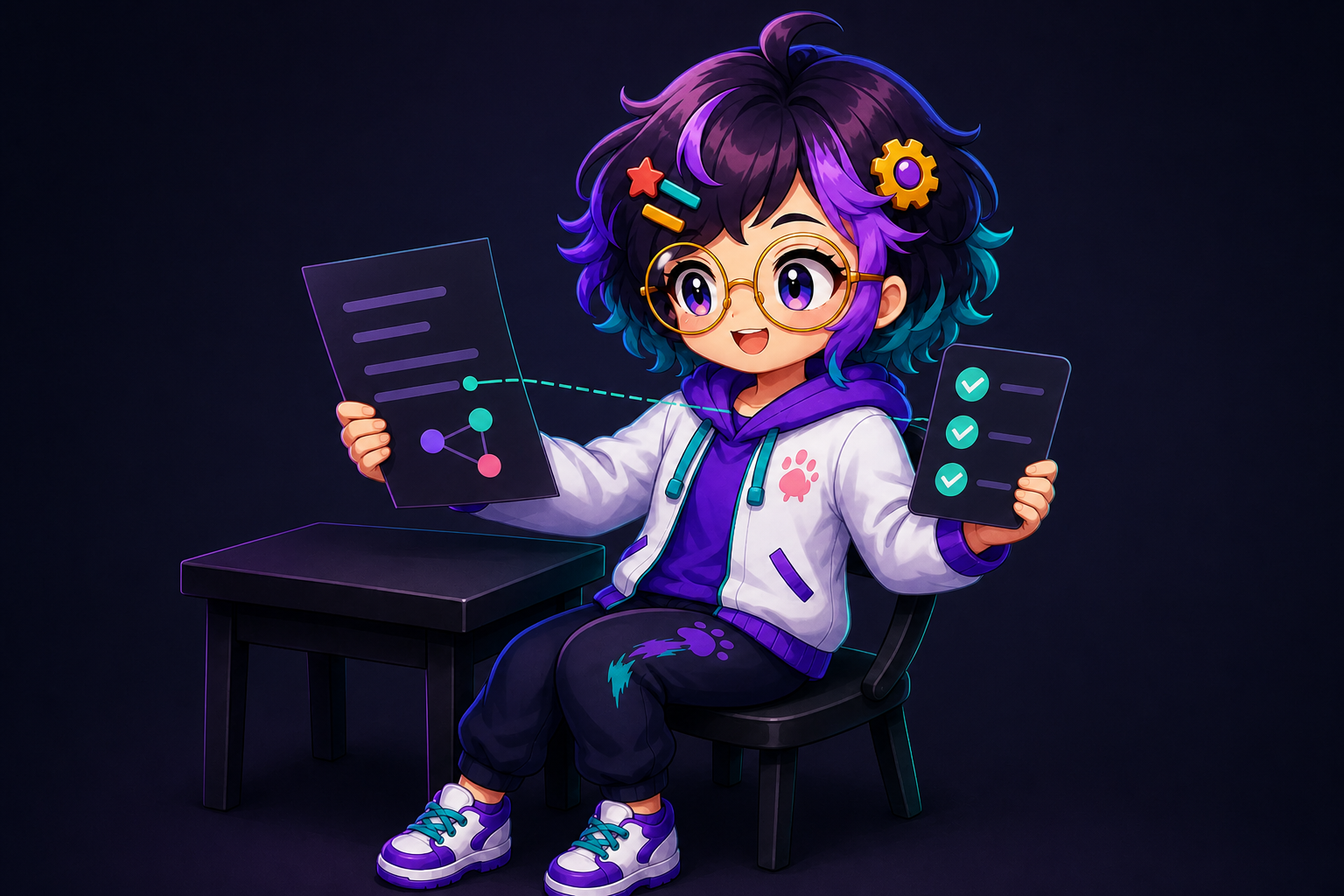 Miro holding a printed page in one hand and checking it against a short list held in the other