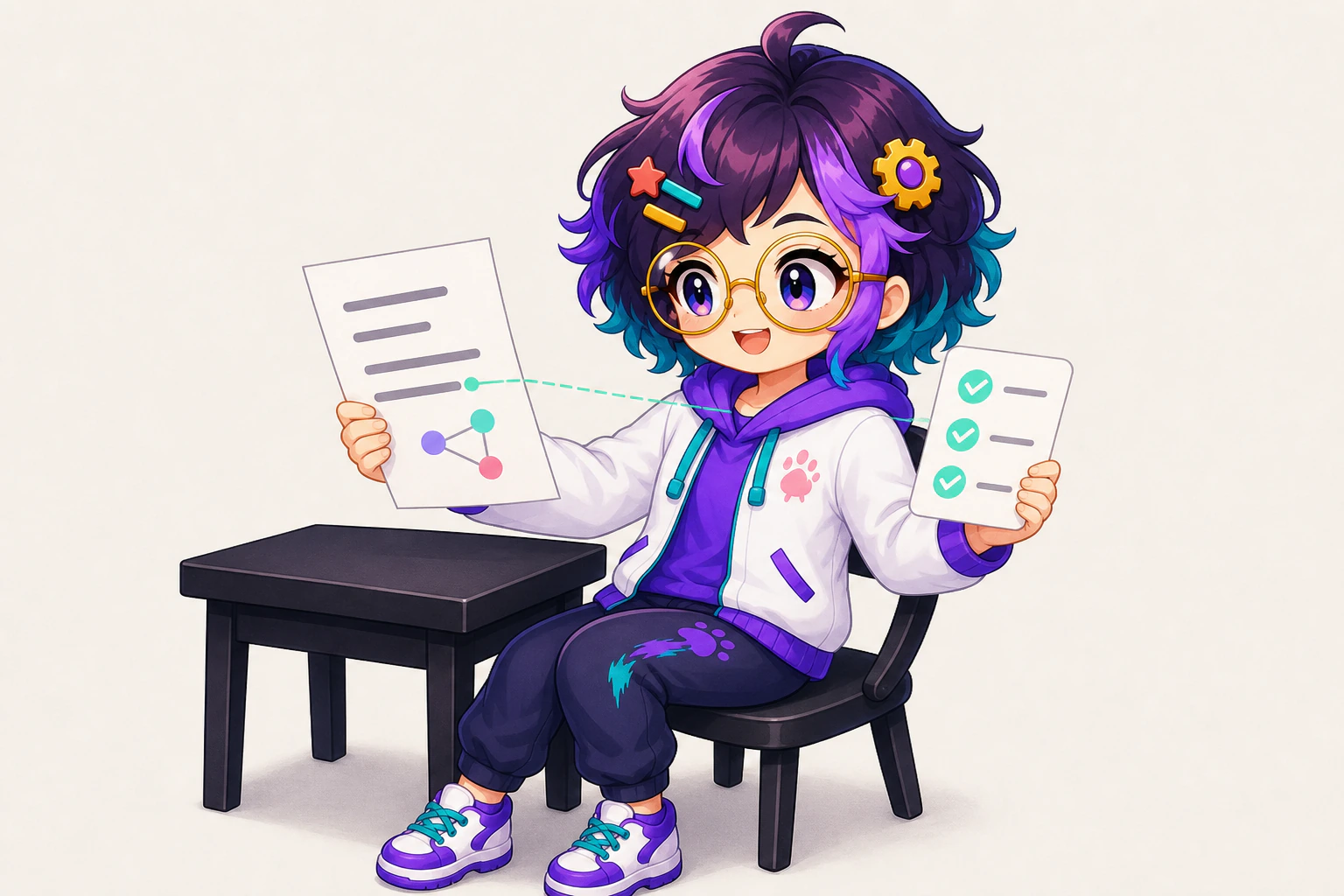 Miro holding a printed page in one hand and checking it against a short list held in the other