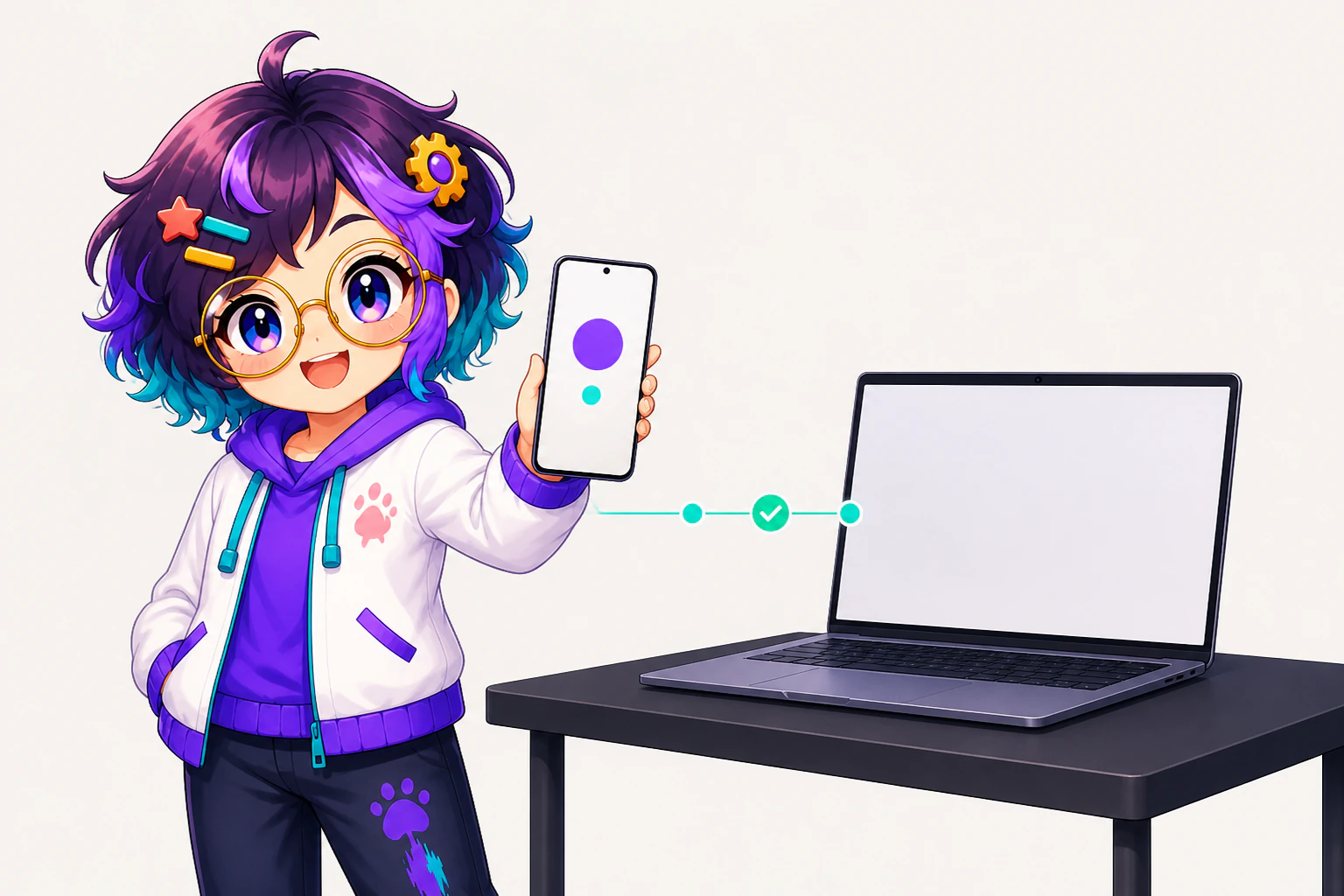 Miro holding up a phone and a Mac joined by a short marked line between the two screens