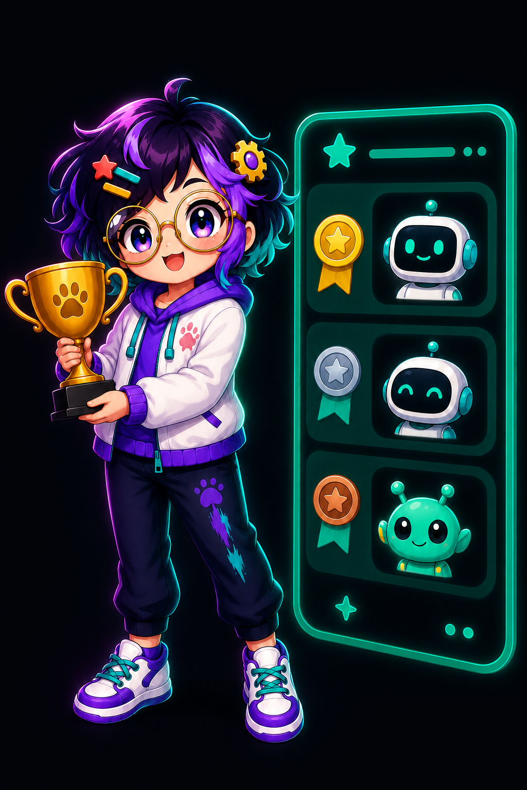 OpenAlly's guide figure holding a small trophy beside a ranked list with tiny avatars