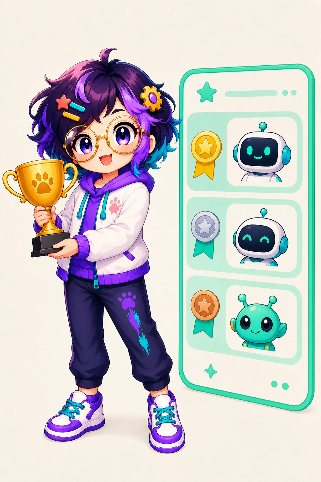 OpenAlly's guide figure holding a small trophy beside a ranked list with tiny avatars