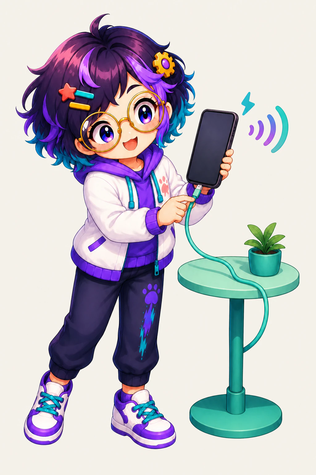 OpenAlly's guide figure plugging a charging cable into a phone as mint sound marks the connection