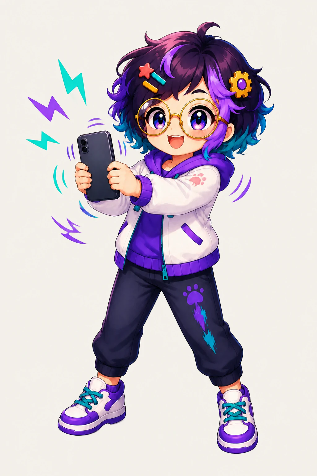 OpenAlly's guide figure shaking a phone in both hands as teal and purple lightning bolts and motion arcs fly off it