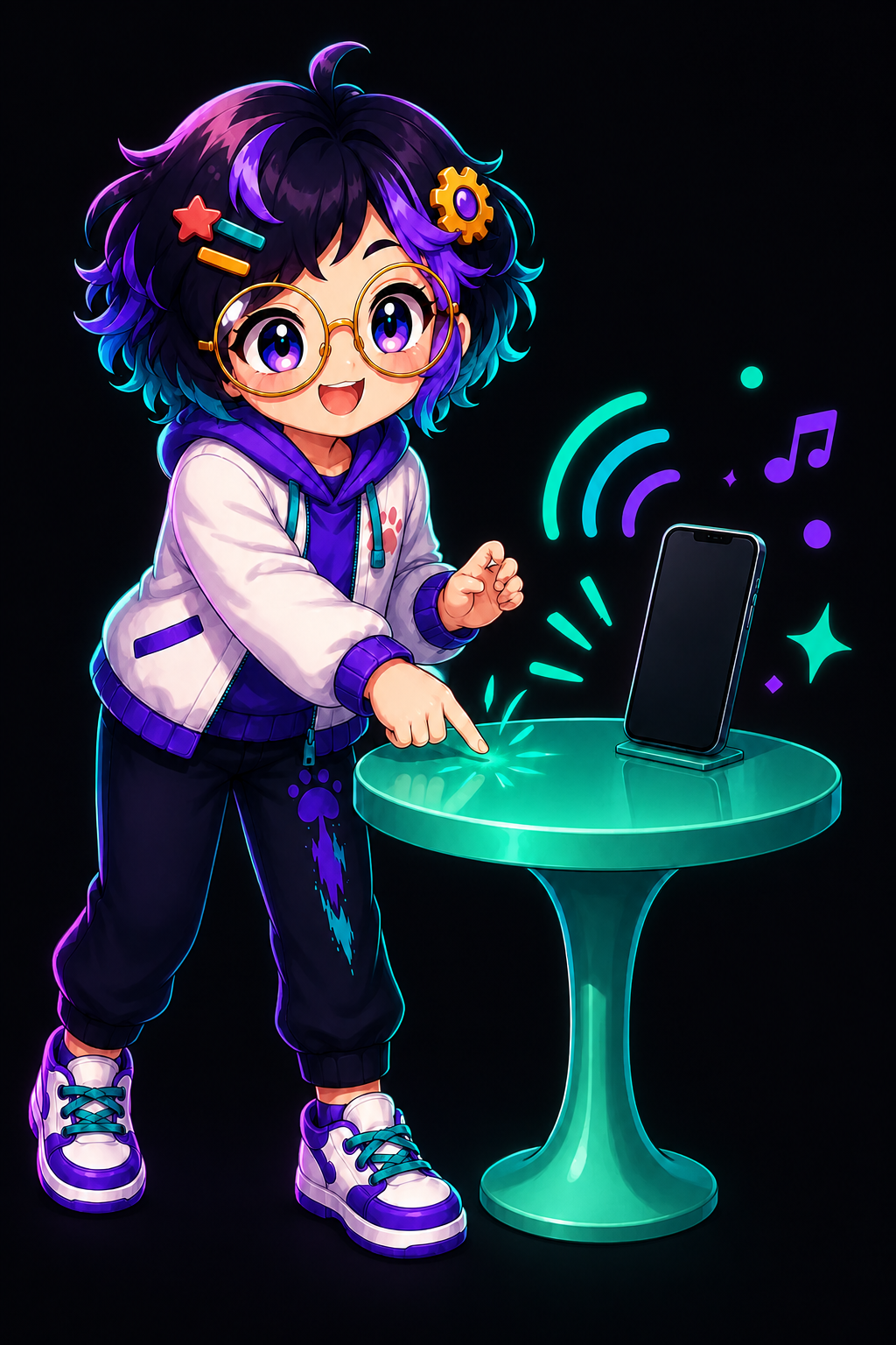 OpenAlly's guide figure tapping a finger on a round mint table where a phone stands, with sound arcs and a music note rising from it