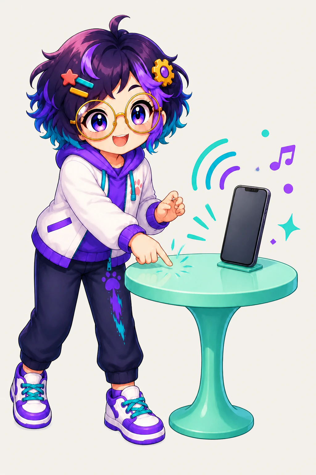 OpenAlly's guide figure tapping a finger on a round mint table where a phone stands, with sound arcs and a music note rising from it