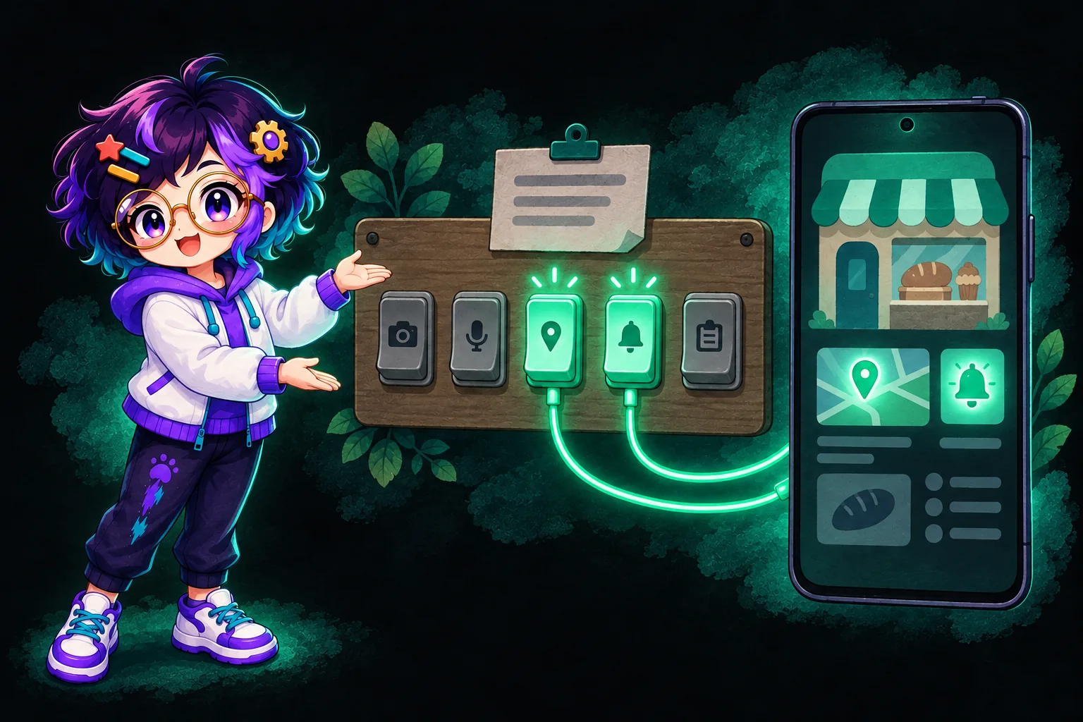 OpenAlly's guide figure presents a wooden panel of camera, microphone, map pin, bell and clipboard switches; only the map pin and bell glow, lighting up a phone beside it.