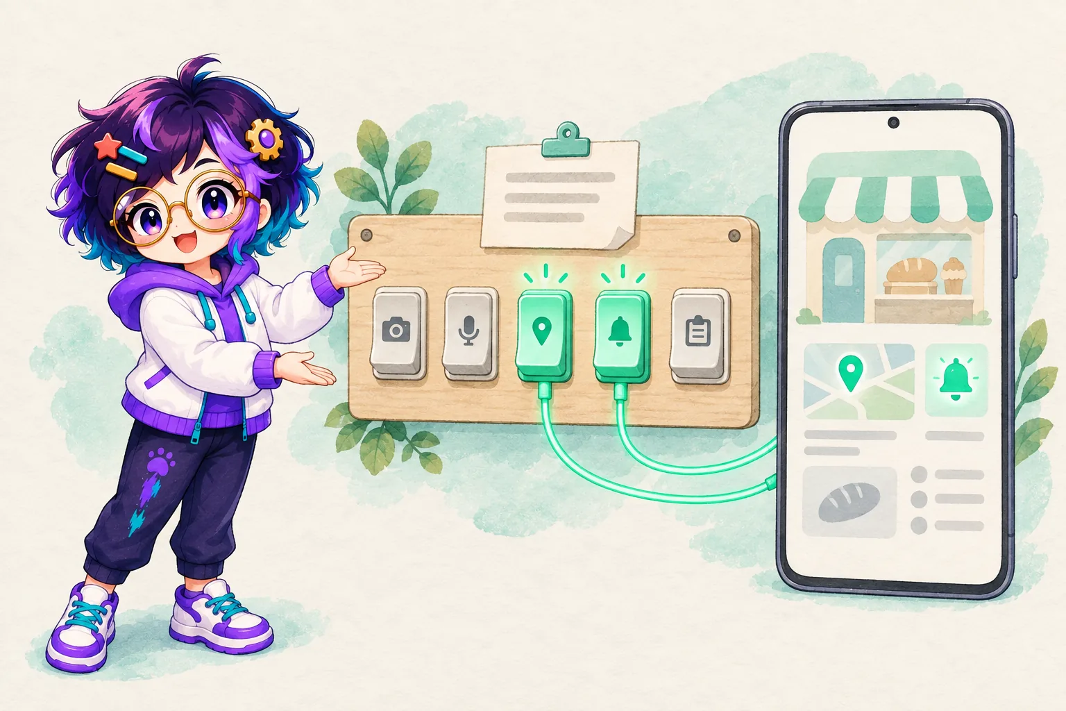 OpenAlly's guide figure presents a wooden panel of camera, microphone, map pin, bell and clipboard switches; only the map pin and bell glow, lighting up a phone beside it.