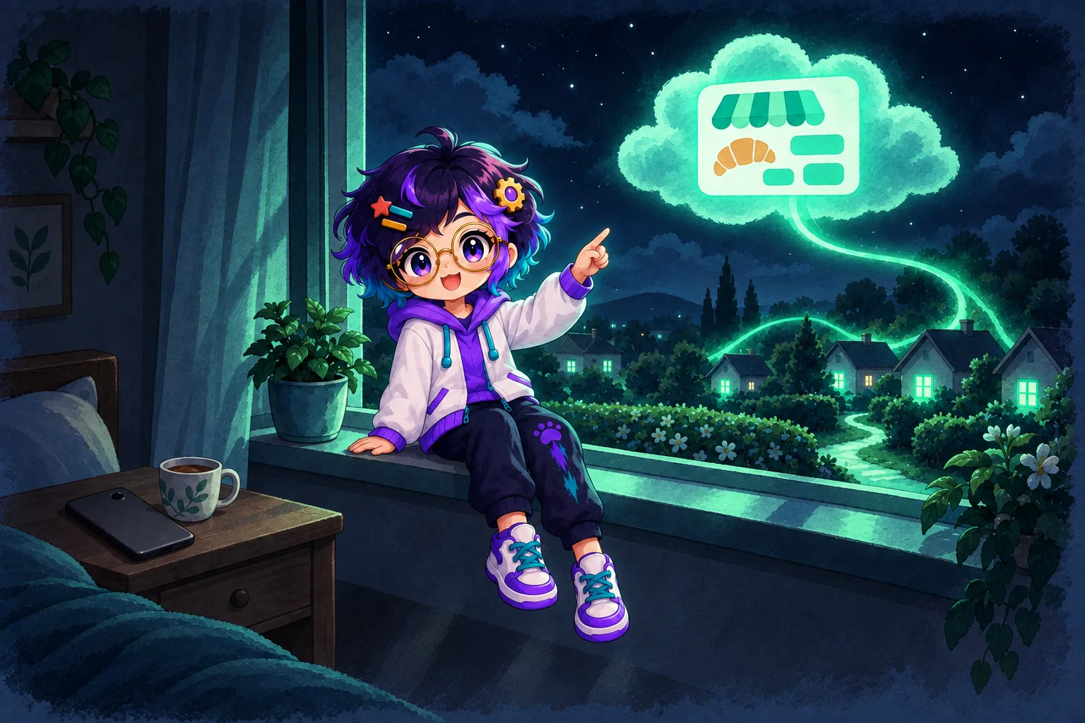 OpenAlly's guide figure sits on a window sill while a phone lies face down on the bedside table and a soft cloud keeps a shop card glowing, mint light running to houses.