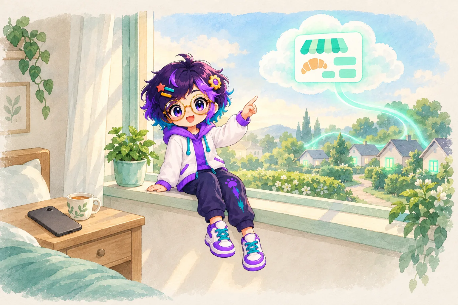 OpenAlly's guide figure sits on a window sill while a phone lies face down on the bedside table and a soft cloud keeps a shop card glowing, mint light running to houses.