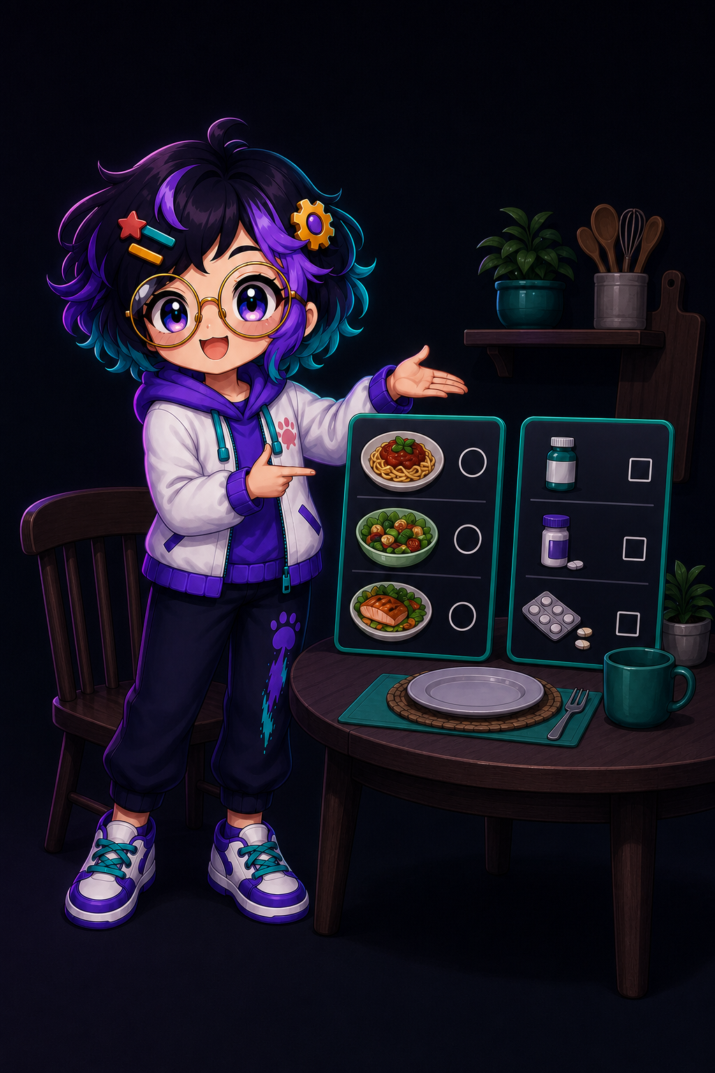 OpenAlly's guide figure at a kitchen table with a dinner vote card and a medicines checklist