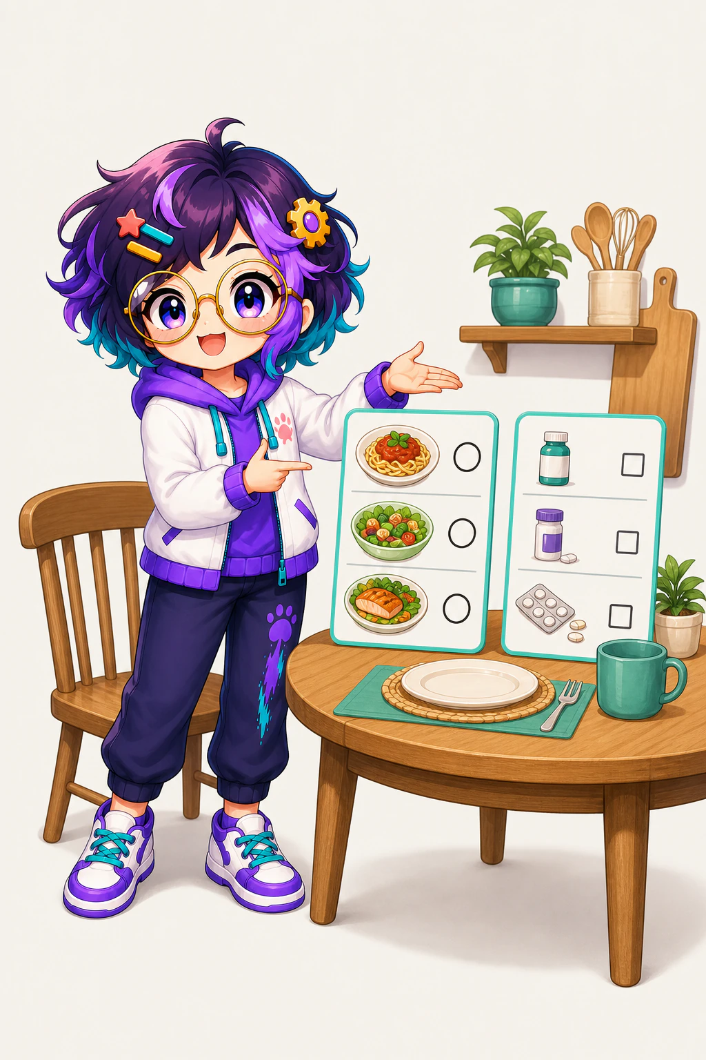 OpenAlly's guide figure at a kitchen table with a dinner vote card and a medicines checklist