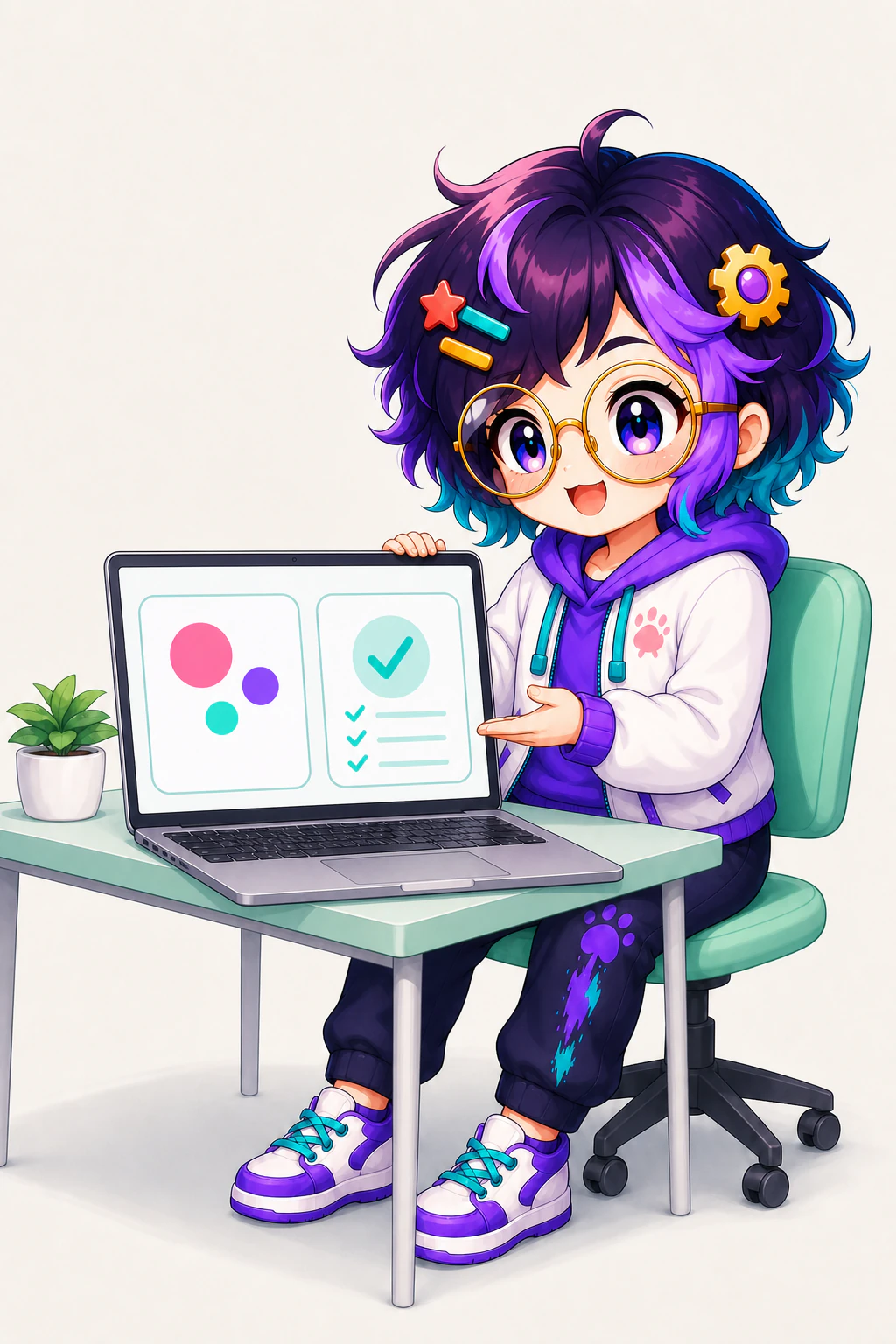 OpenAlly's guide figure seated at a mint desk, laptop open on a split view of status dots and a ticked checklist