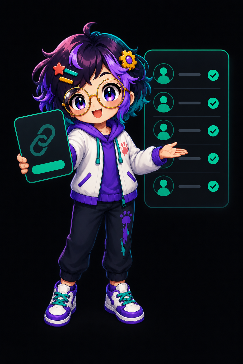 OpenAlly's guide figure holding a card marked with a chain-link icon beside a panel of five rows, each ticked green