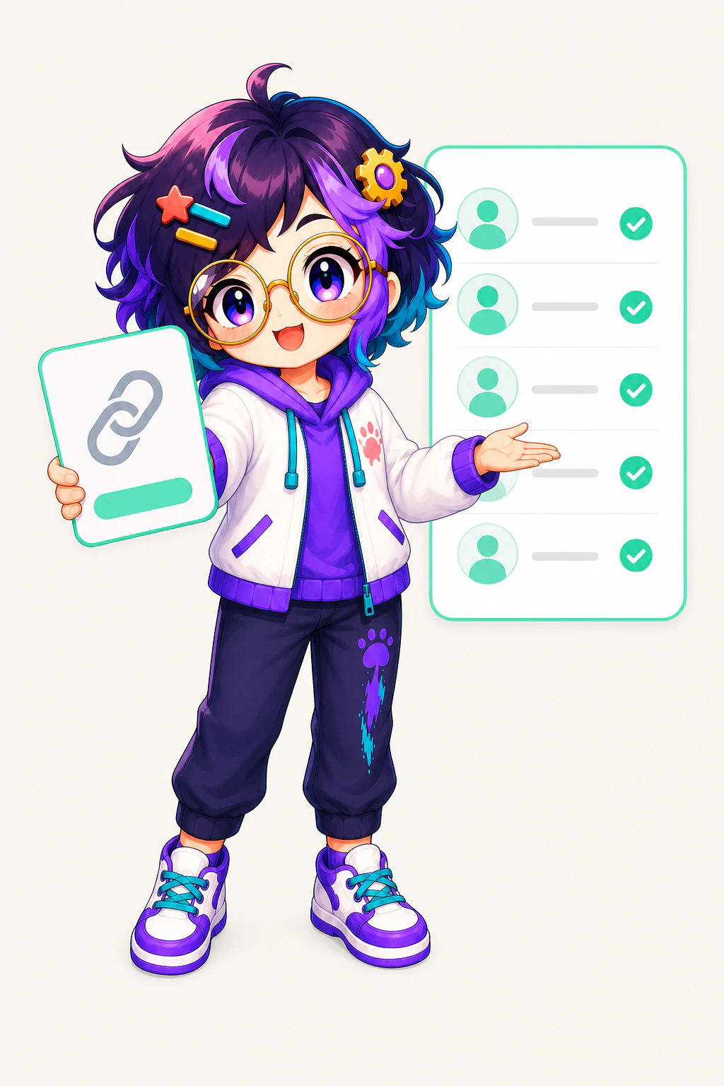 OpenAlly's guide figure holding a card marked with a chain-link icon beside a panel of five rows, each ticked green