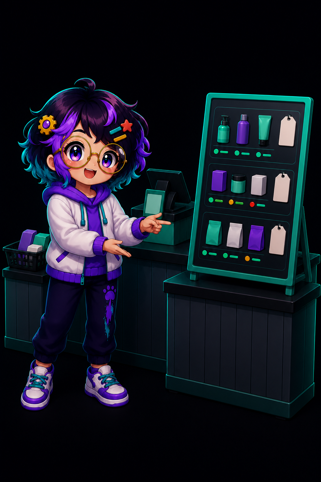 OpenAlly's guide figure at a mint shop counter beside a board of products, each row with a price tag and stock dots