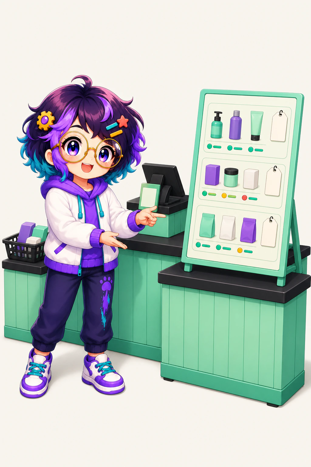 OpenAlly's guide figure at a mint shop counter beside a board of products, each row with a price tag and stock dots