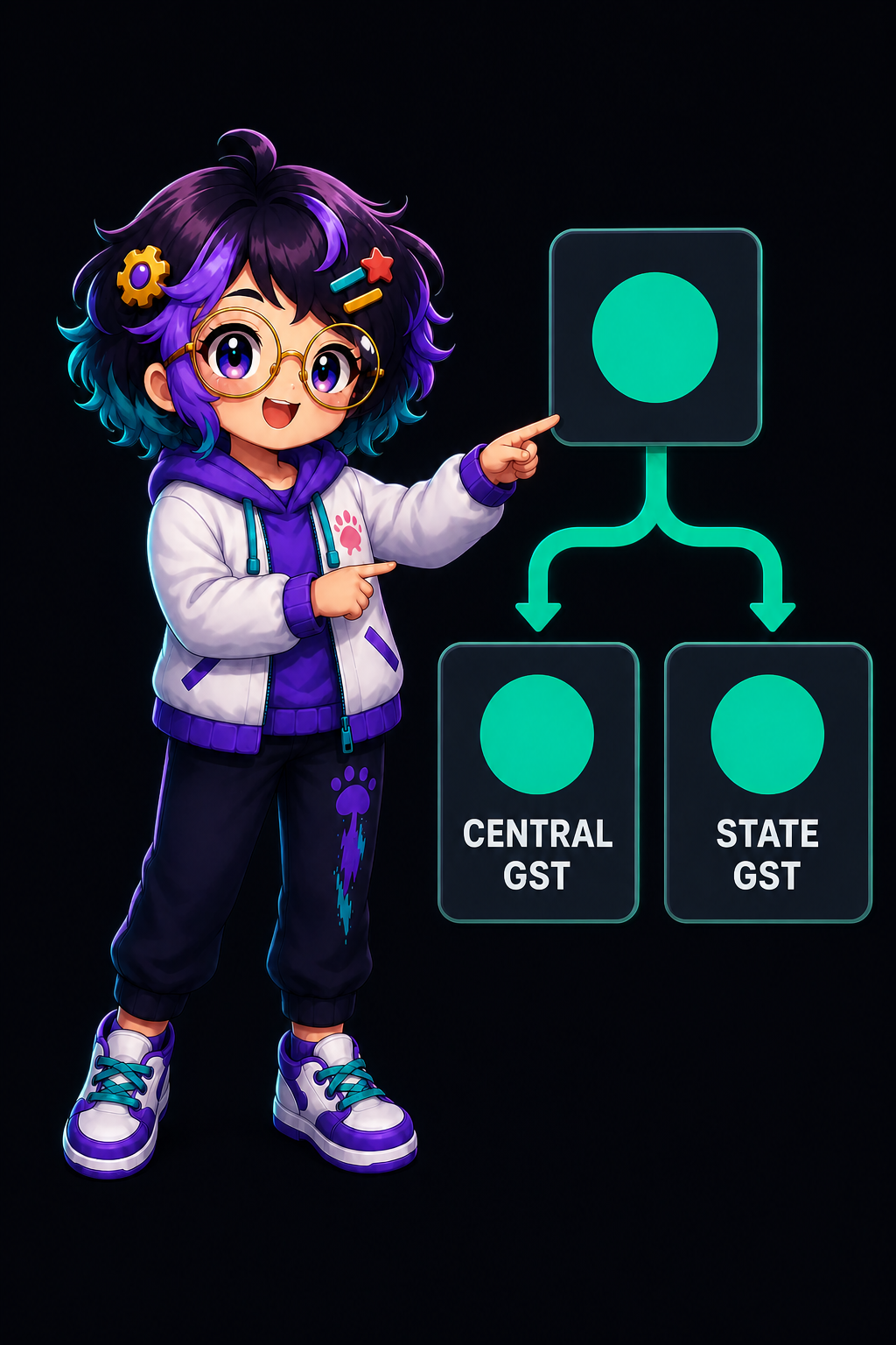OpenAlly's guide figure pointing at a diagram where one box branches into cards labelled CENTRAL GST and STATE GST