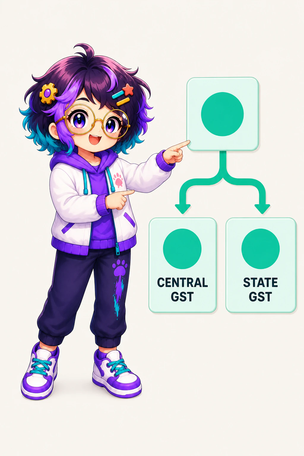 OpenAlly's guide figure pointing at a diagram where one box branches into cards labelled CENTRAL GST and STATE GST