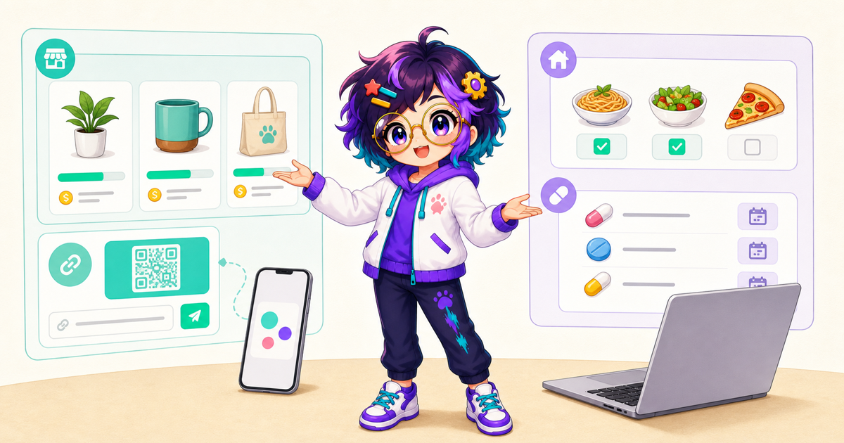 OpenAlly's guide figure presenting a split workspace with shop inventory and payments on one side, household dinner voting and medicines on the other, beside a phone and Mac.