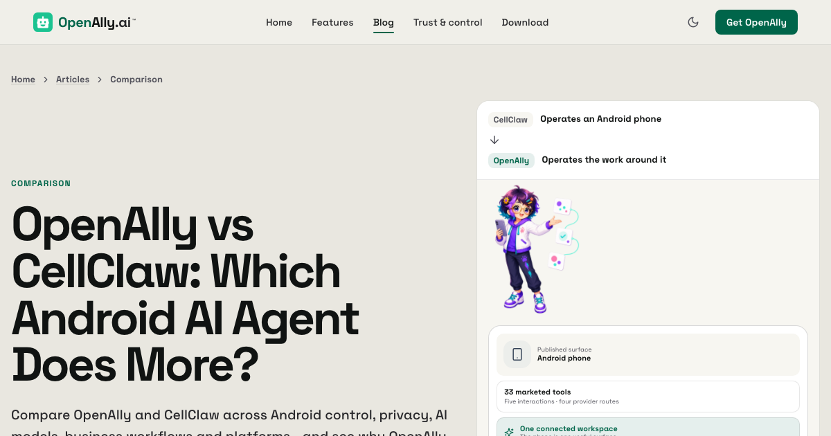 OpenAlly and CellClaw compared across Android control, business work, AI models, privacy, and platforms.