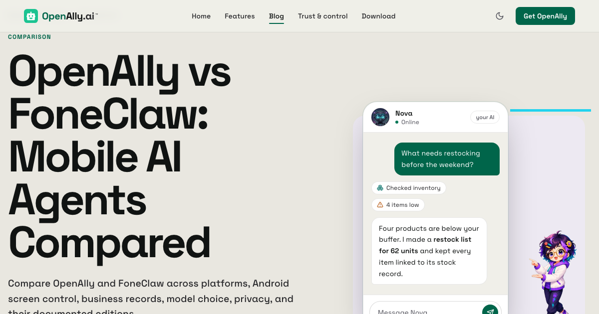 OpenAlly and FoneClaw compared across platforms, Android screen control, business records, model choice, and privacy.