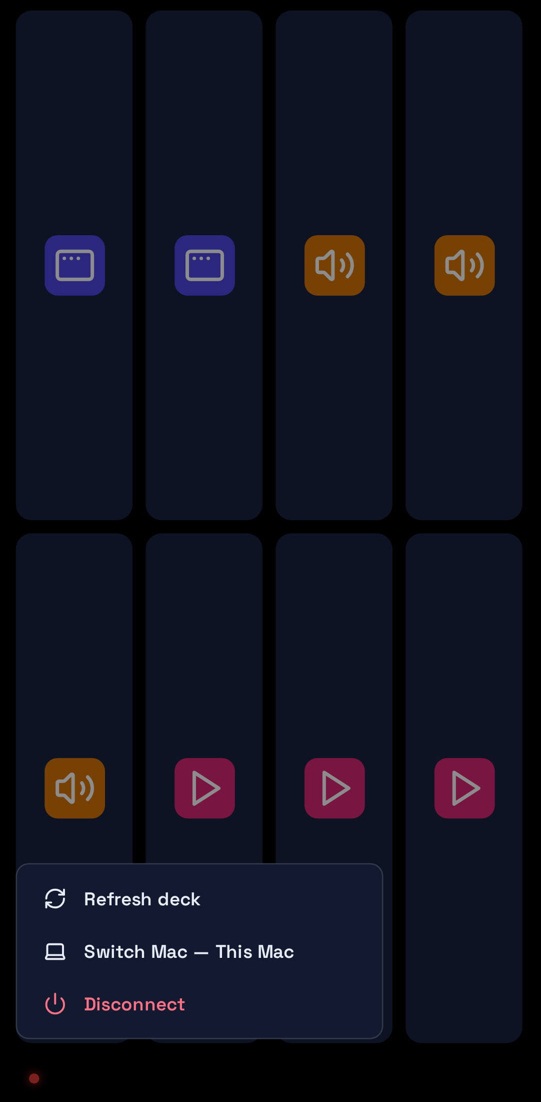 Android Remote Deck open in the foreground: a dark grid of eight large tiles, with Refresh deck, Switch Mac — This Mac, and Disconnect in the menu