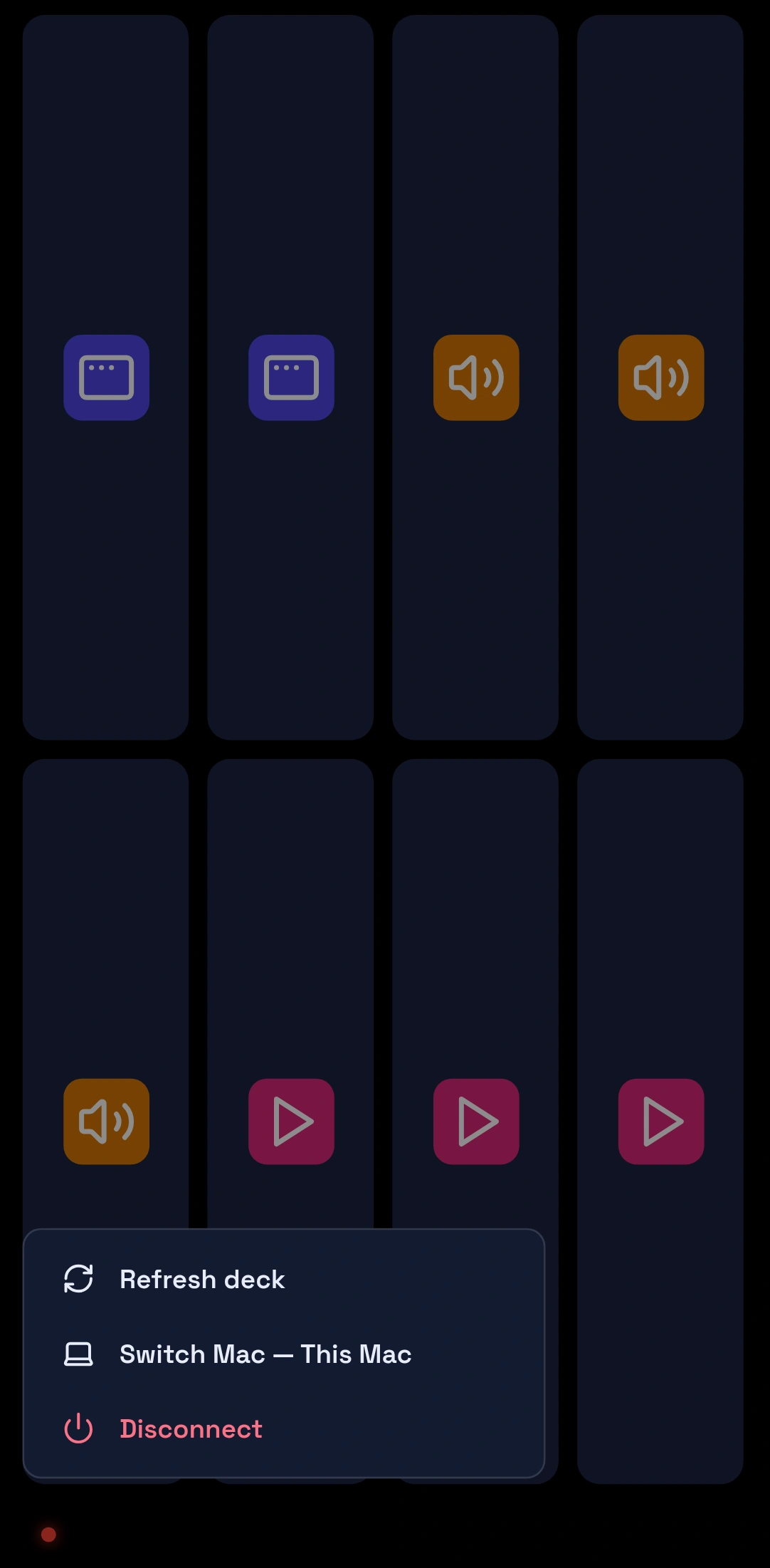 Android Remote Deck open in the foreground: a dark grid of eight large tiles, with Refresh deck, Switch Mac — This Mac, and Disconnect in the menu