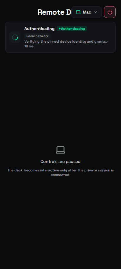 Android Remote Deck with Authenticating status, a Local network badge, and Controls are paused