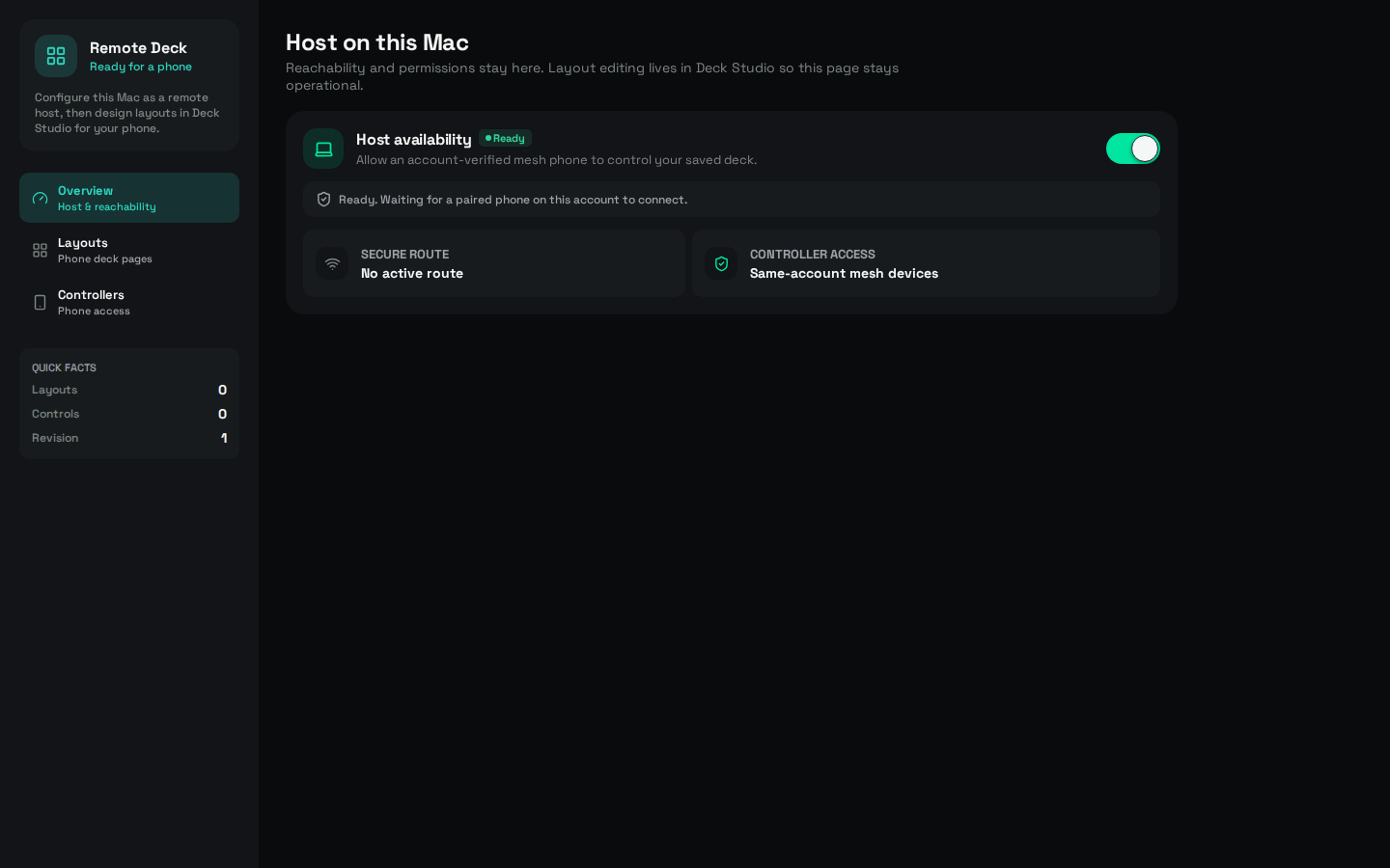 Mac Remote Deck Overview: Host availability Ready, a phone-controller card marked Not connected, and Waiting for your phone