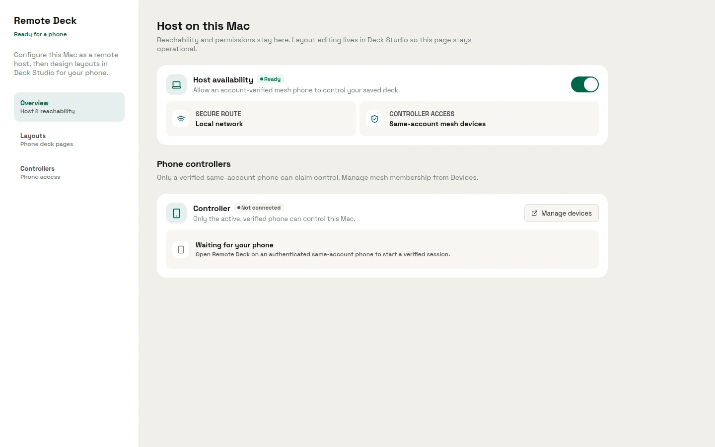 Mac Remote Deck Overview: Host availability Ready, a phone-controller card marked Not connected, and Waiting for your phone