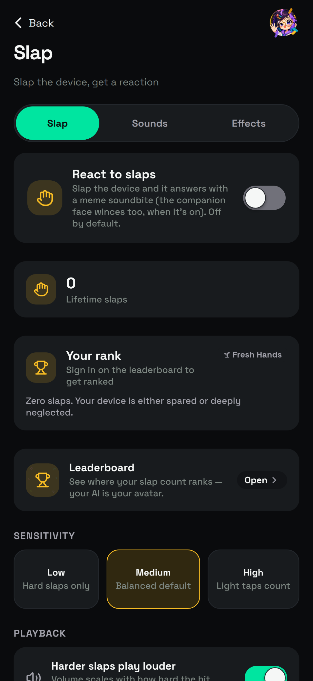Slap tab home on Android, with lifetime slaps at 0 and rank Fresh Hands