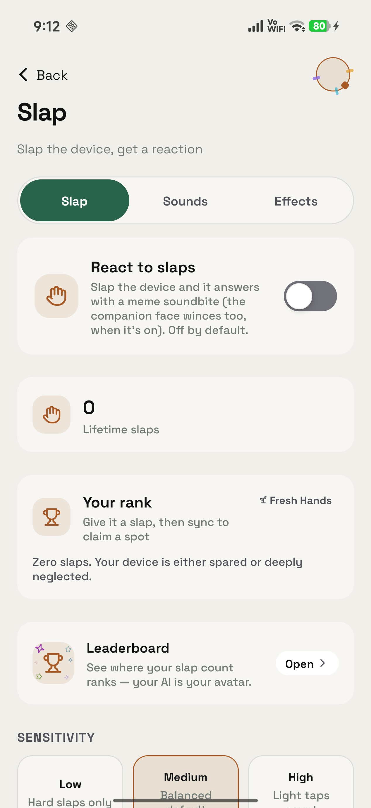 Slap tab home on Android, with lifetime slaps at 0 and rank Fresh Hands