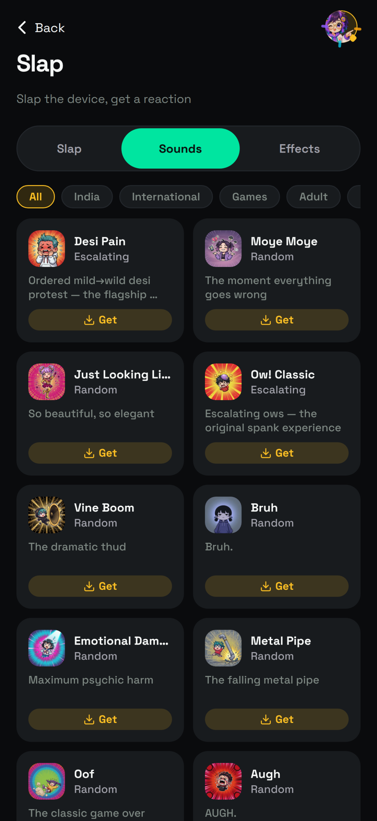 Sounds tab on Android with pack covers, Get buttons, and All India International Games Adult chips