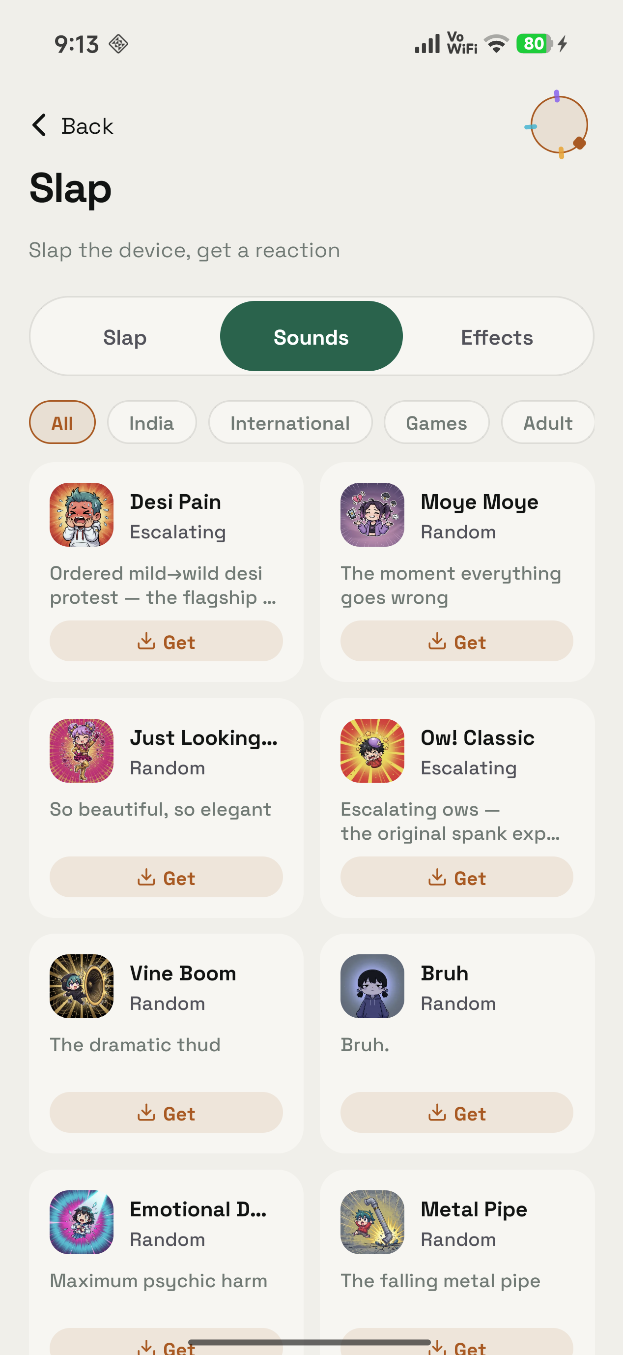 Sounds tab on Android with pack covers, Get buttons, and All India International Games Adult chips