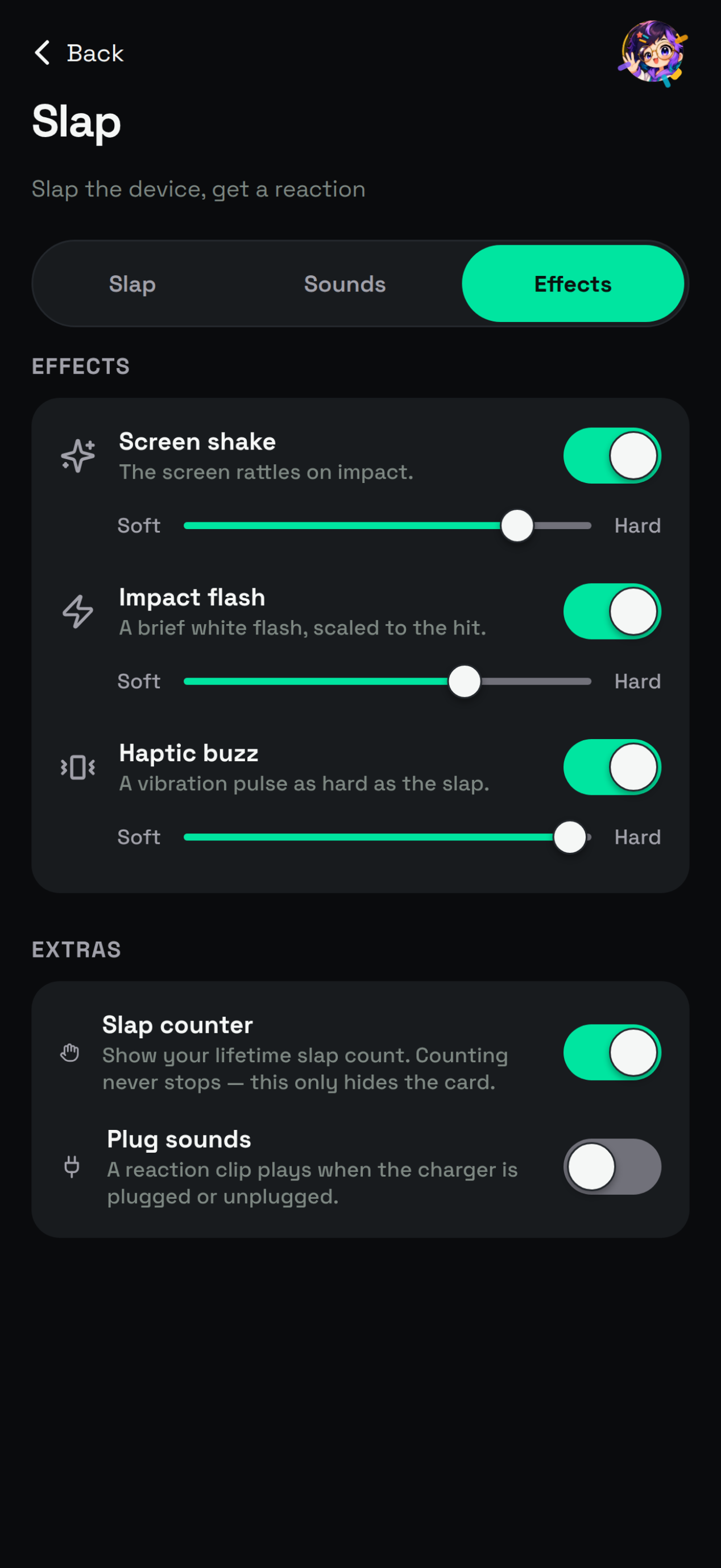 Effects tab on Android showing screen shake, impact flash, haptic buzz, and Plug sounds off