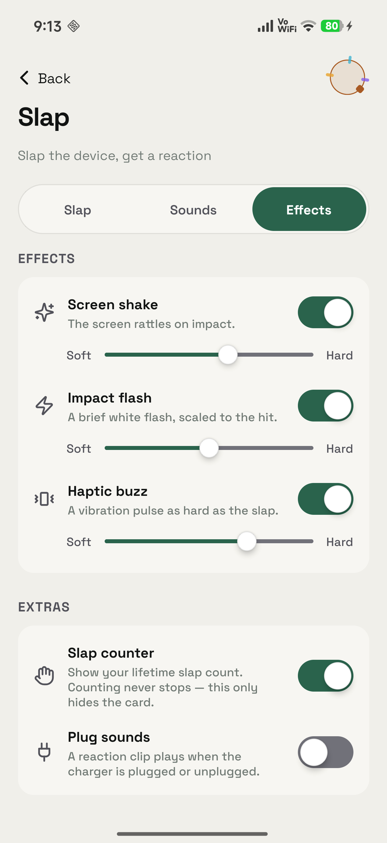 Effects tab on Android showing screen shake, impact flash, haptic buzz, and Plug sounds off
