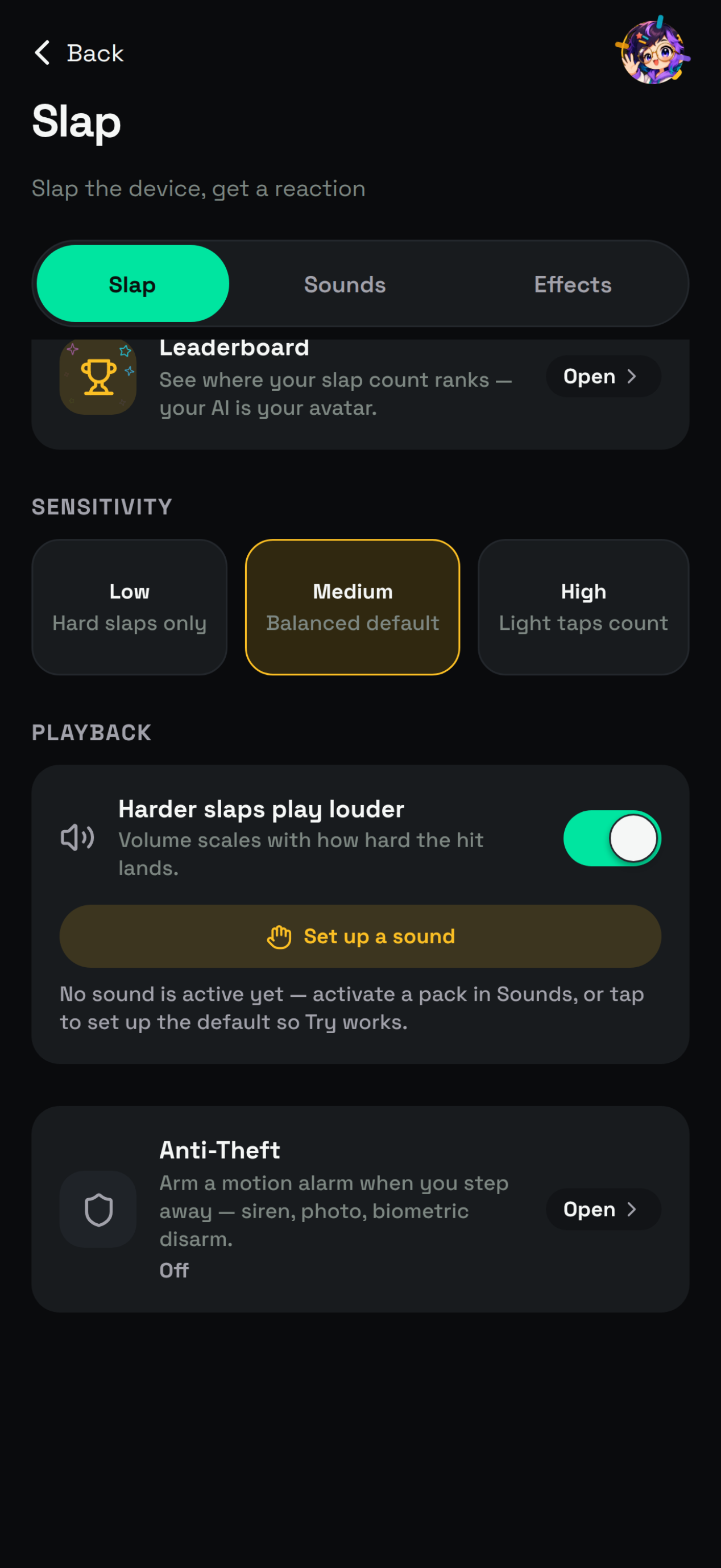 Slap tab on Android scrolled to Sensitivity, Playback, and an Anti-Theft row