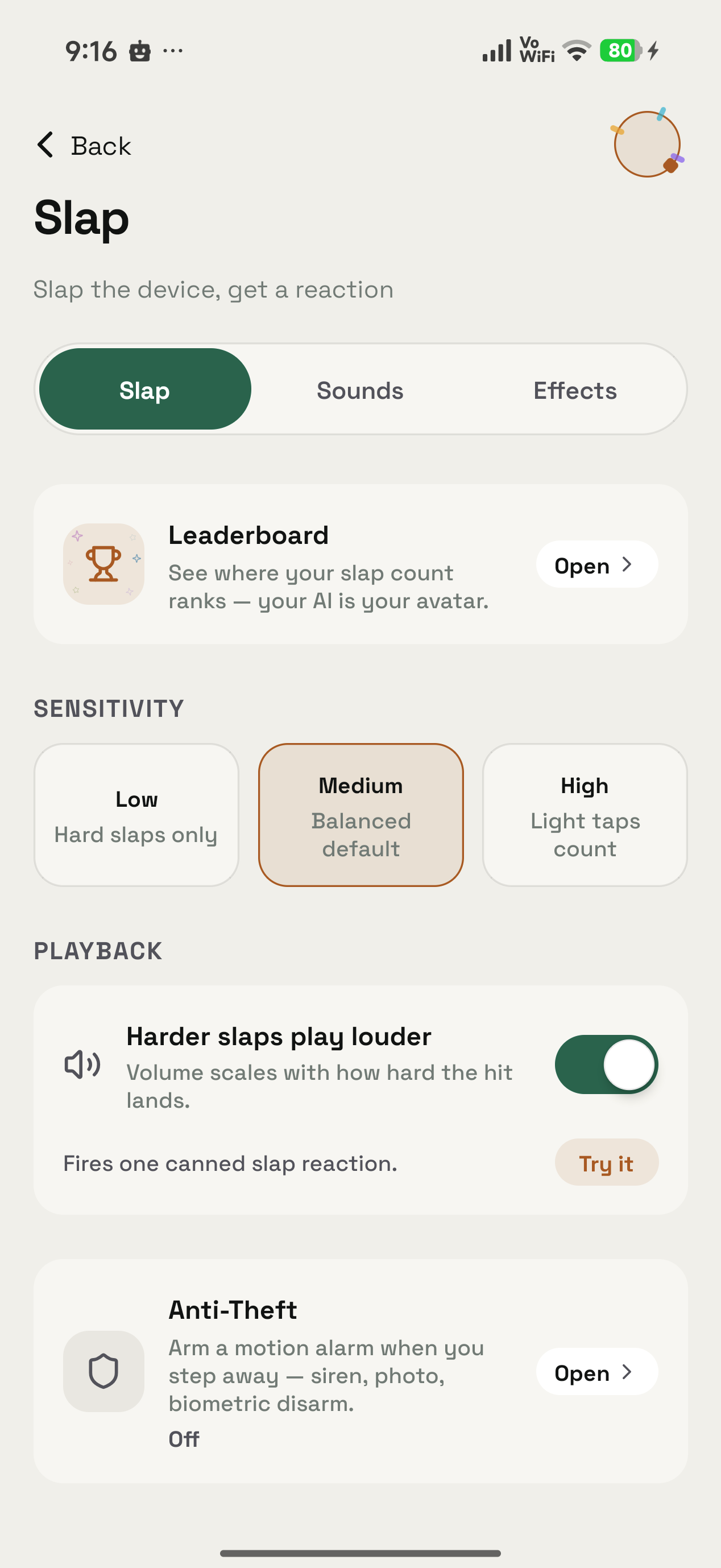 Slap tab on Android scrolled to Sensitivity, Playback, and an Anti-Theft row