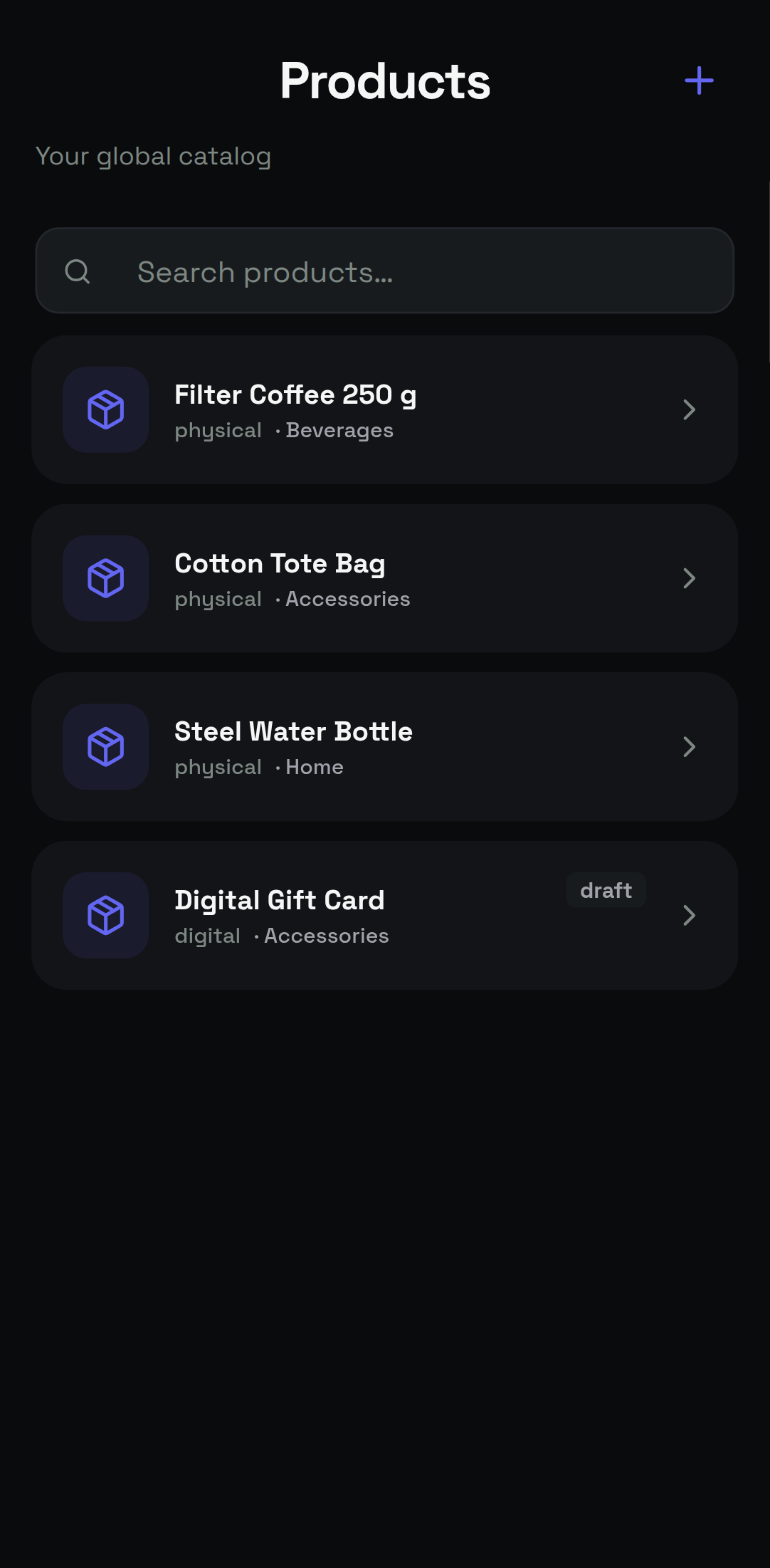 Android Products screen labelled Your global catalog, with a search field and rows for physical and digital items