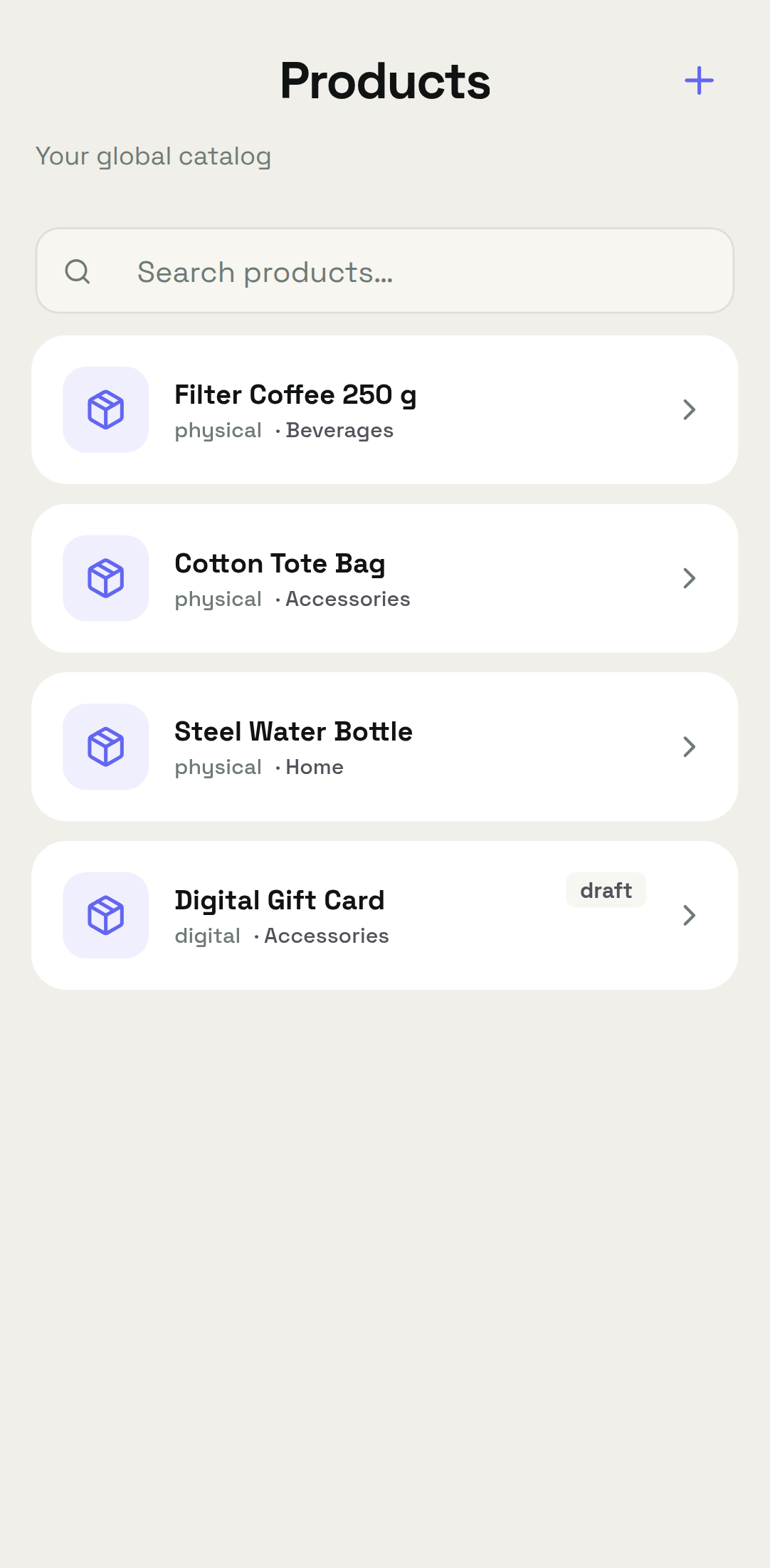 Android Products screen labelled Your global catalog, with a search field and rows for physical and digital items