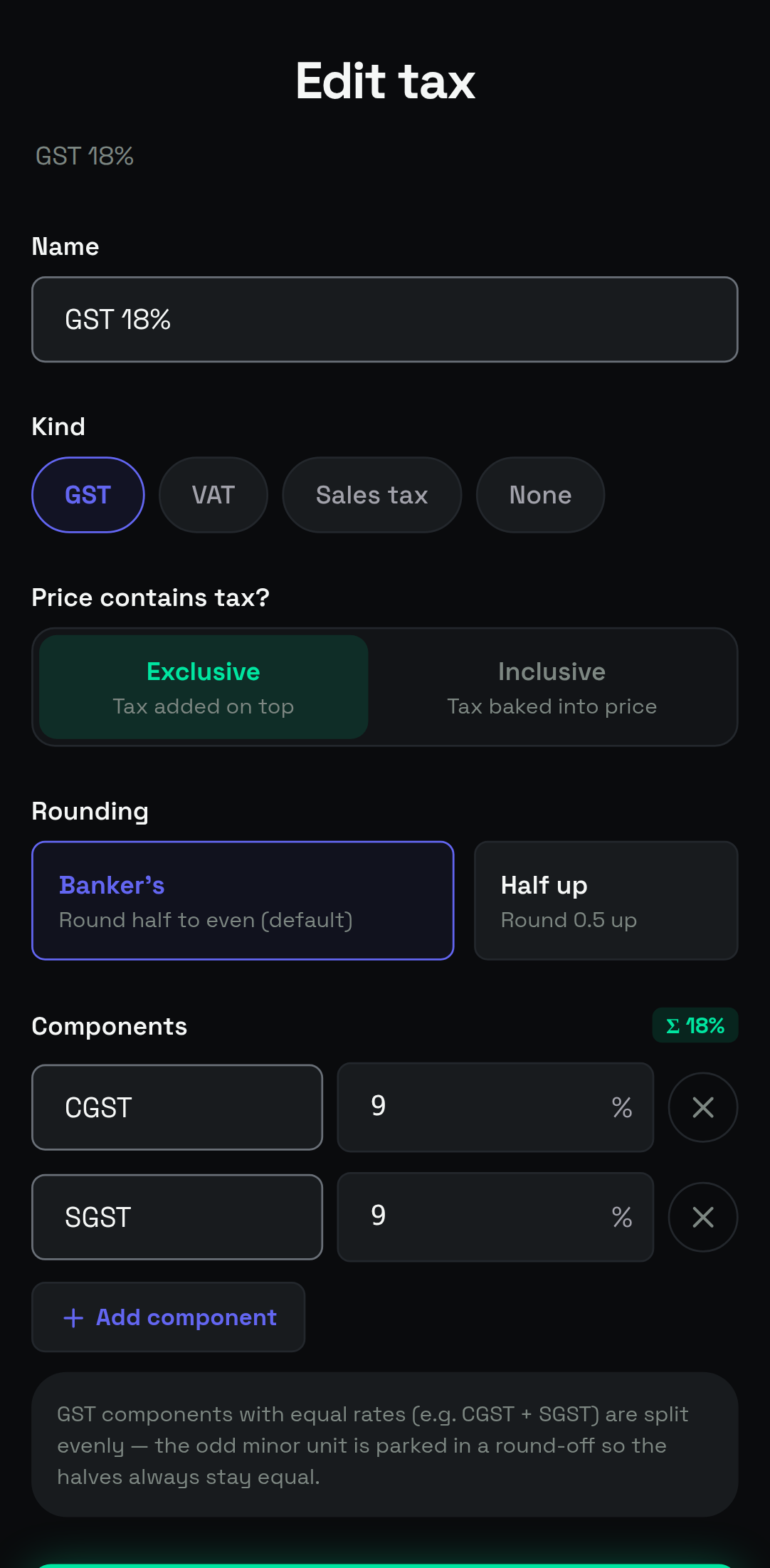 Android Edit tax screen for GST with Exclusive selected and CGST plus SGST component fields